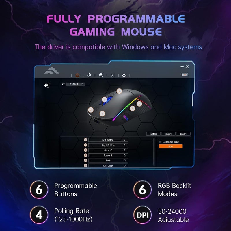 FFJ Wireless Gaming Mouse, 24000 DPI, Tri-Mode 2.4G/USB-C/Bluetooth 5.3 Gaming Mouse Wireless, RGB Programmable Mouse Gamer, 75Hrs Battery Life, Rechargeable Gaming Mice for PC, Mac, PS5, Xbox - Black - Image 4